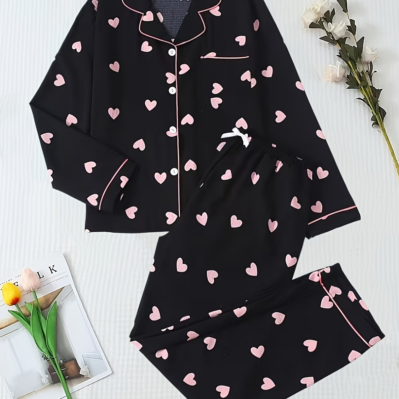 TEMU Set pigiama da donna /inverno 2 pezzi con stampa a cuore, maglia a maniche lunghe con bottoni e pantaloni lunghi per