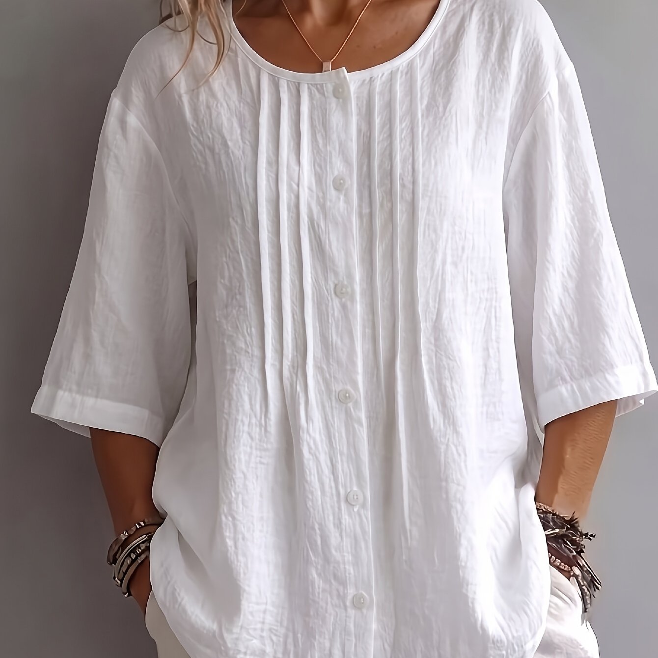TEMU Women's Round Neck 3/4 Sleeve Pleated Shirt, Breathable Skin-friendly Texture Fabric, Single Button Loose Body-covering Blouse, Vacation