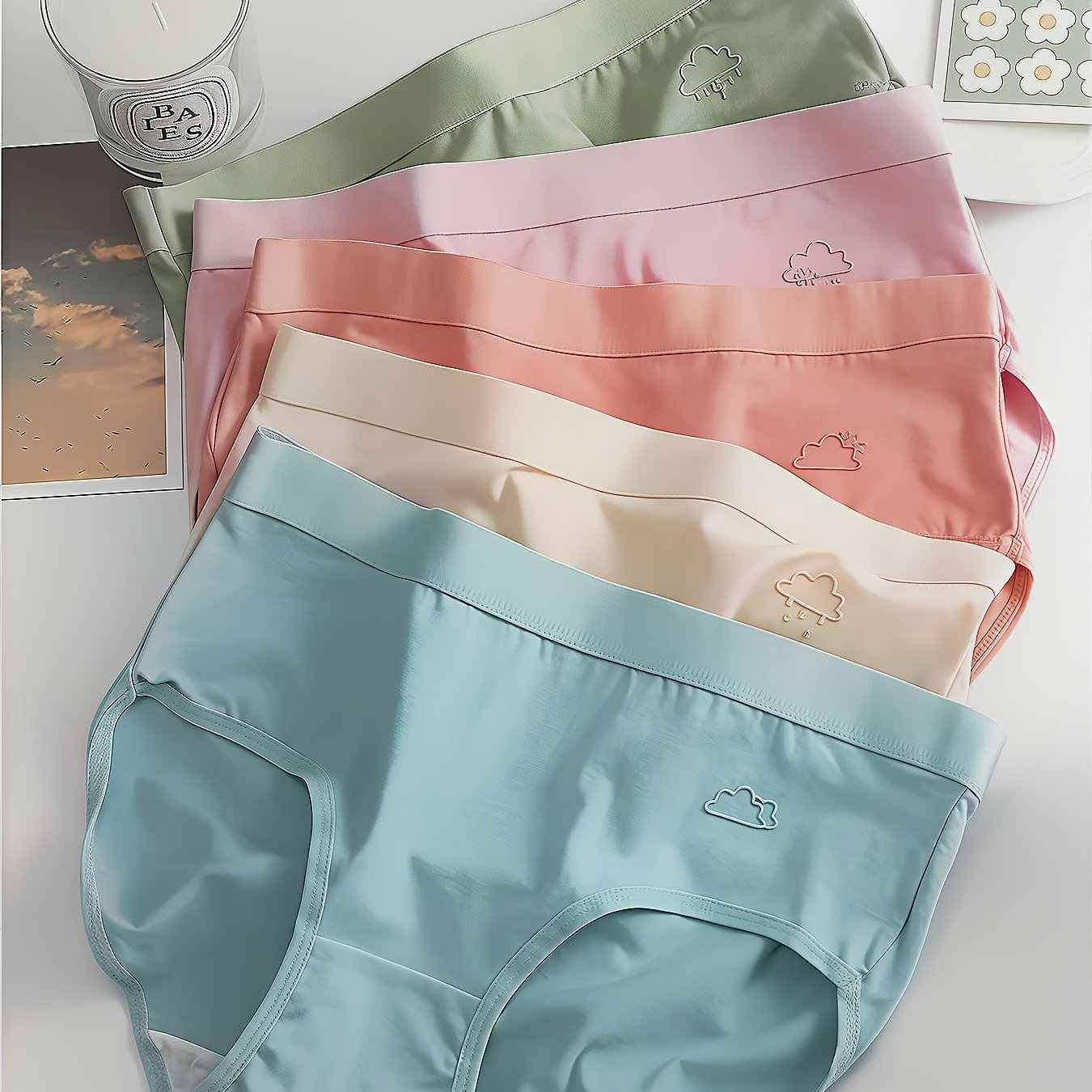 Image of 5pcs Set Of Women's Mid-rise Breathable Underwear - Soft Solid-color Panties With Cute Weather Patterns, Comfortable For Daily Wear, , Smooth Fabric Texture
