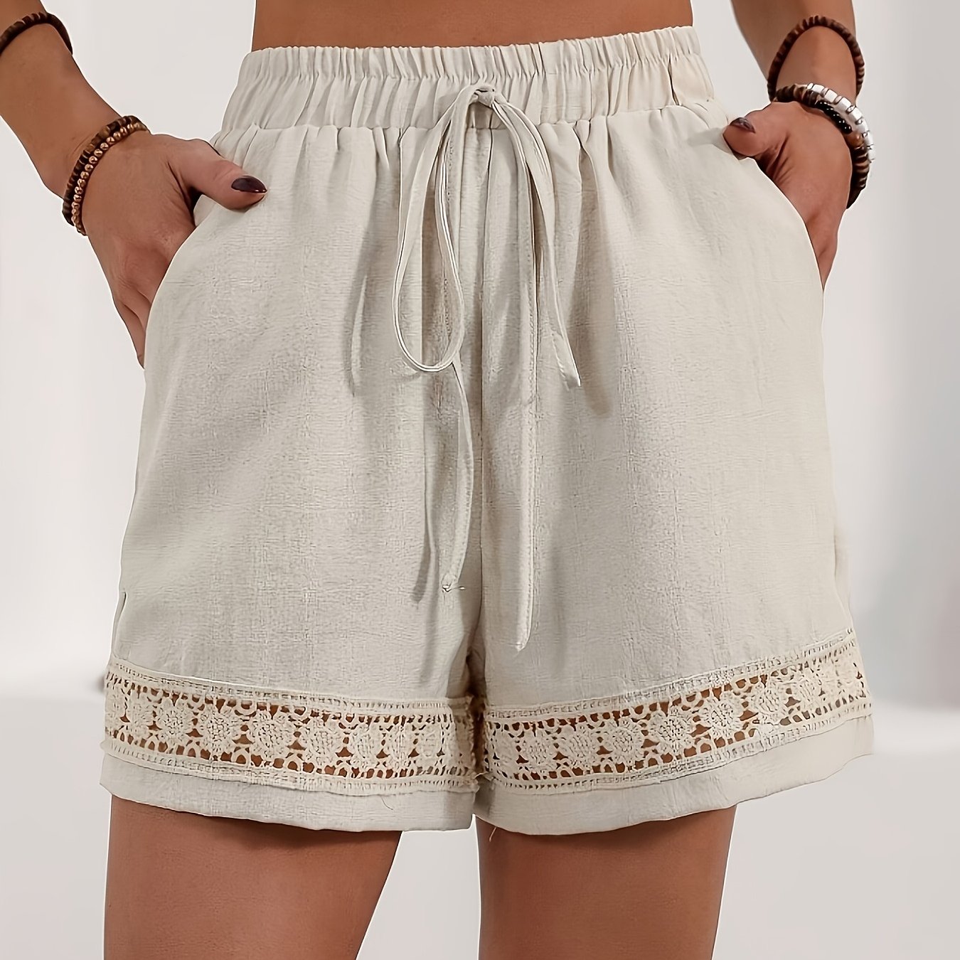 Image of Plus Size - Women's Shorts, 5-point Casual Shorts, Solid Color Shorts With Double Side Pockets, Comfortable And Breathable Elastic Waistband, Suitable For Spring And Summer, Machine Washable
