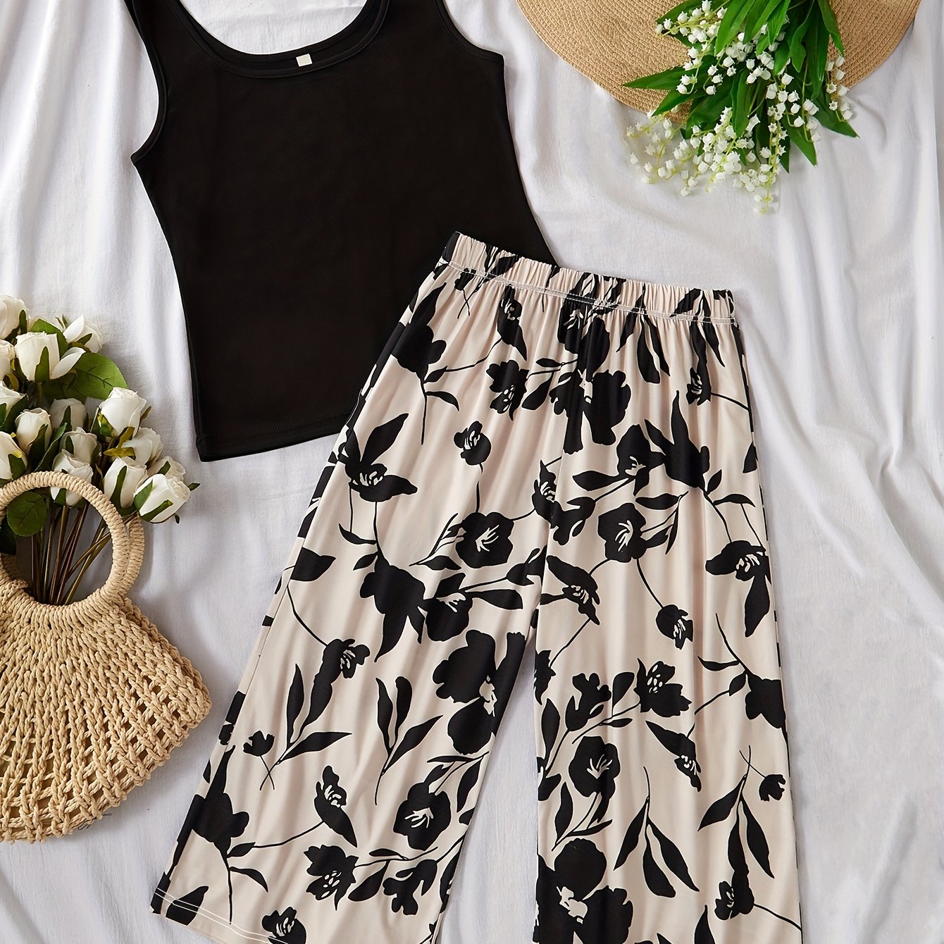 Round Neck Plus Size Vest Beautiful Back Top Printed Pants 2pcs Set Women's