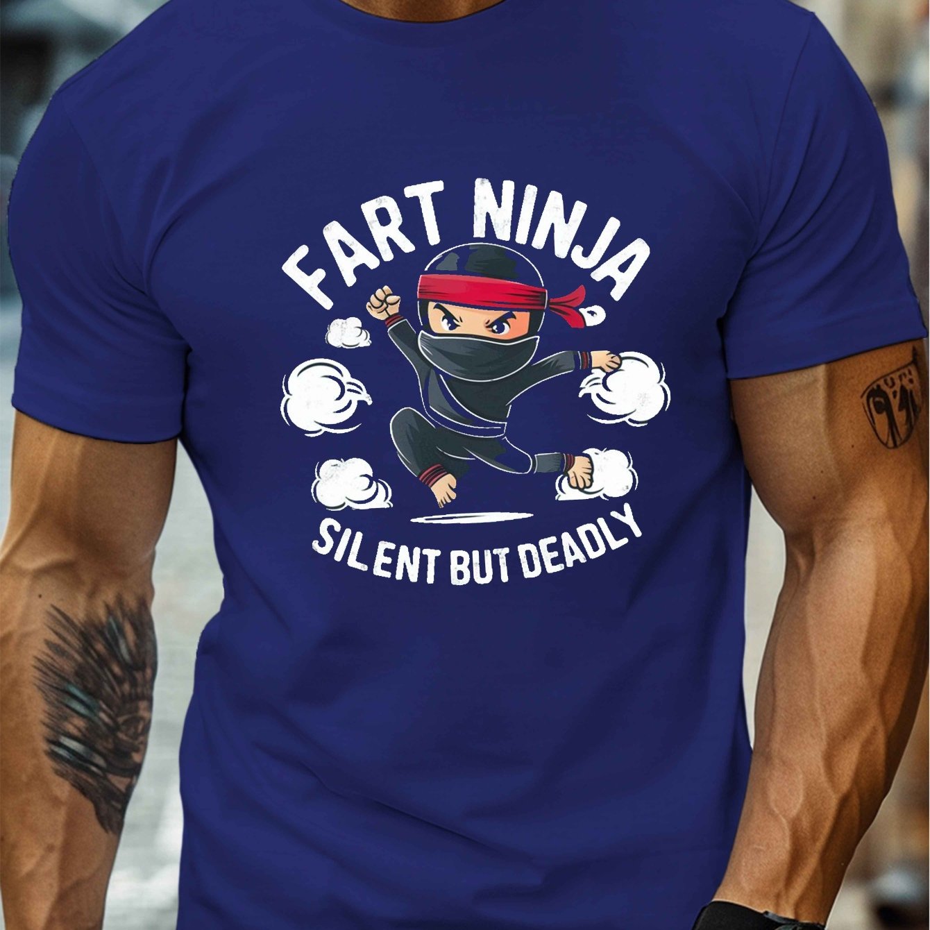TEMU Fart Graphic T-shirt - 100% Polyester Knit Fabric, Casual Crew Neck, Stretch, Geometric Pattern, Regular Fit, Summer Top For Adults