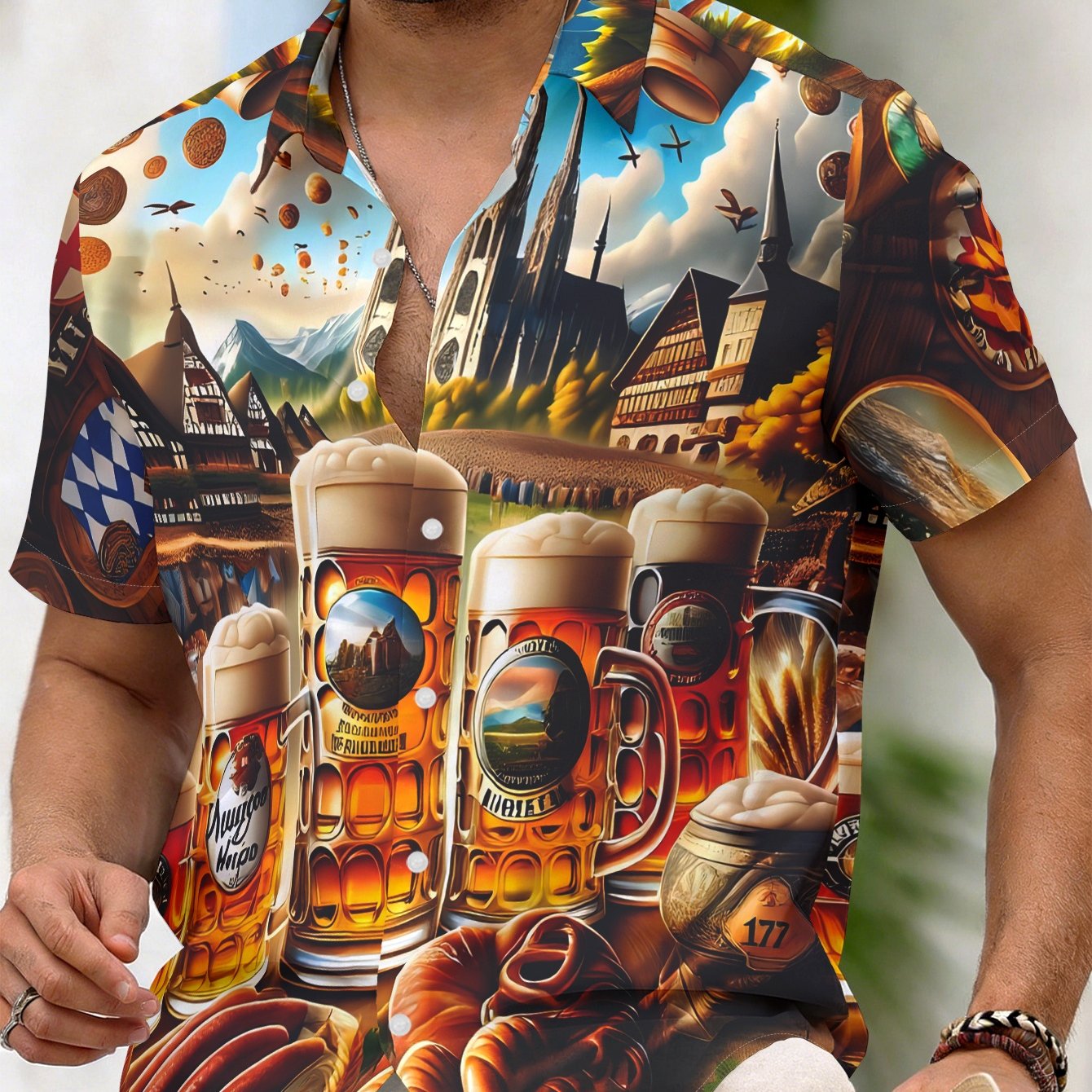 TEMU Men's Hawaiian Button- Shirt Oktoberfest, Beer Food And Scenery Print Summer Short-sleeved Shirt