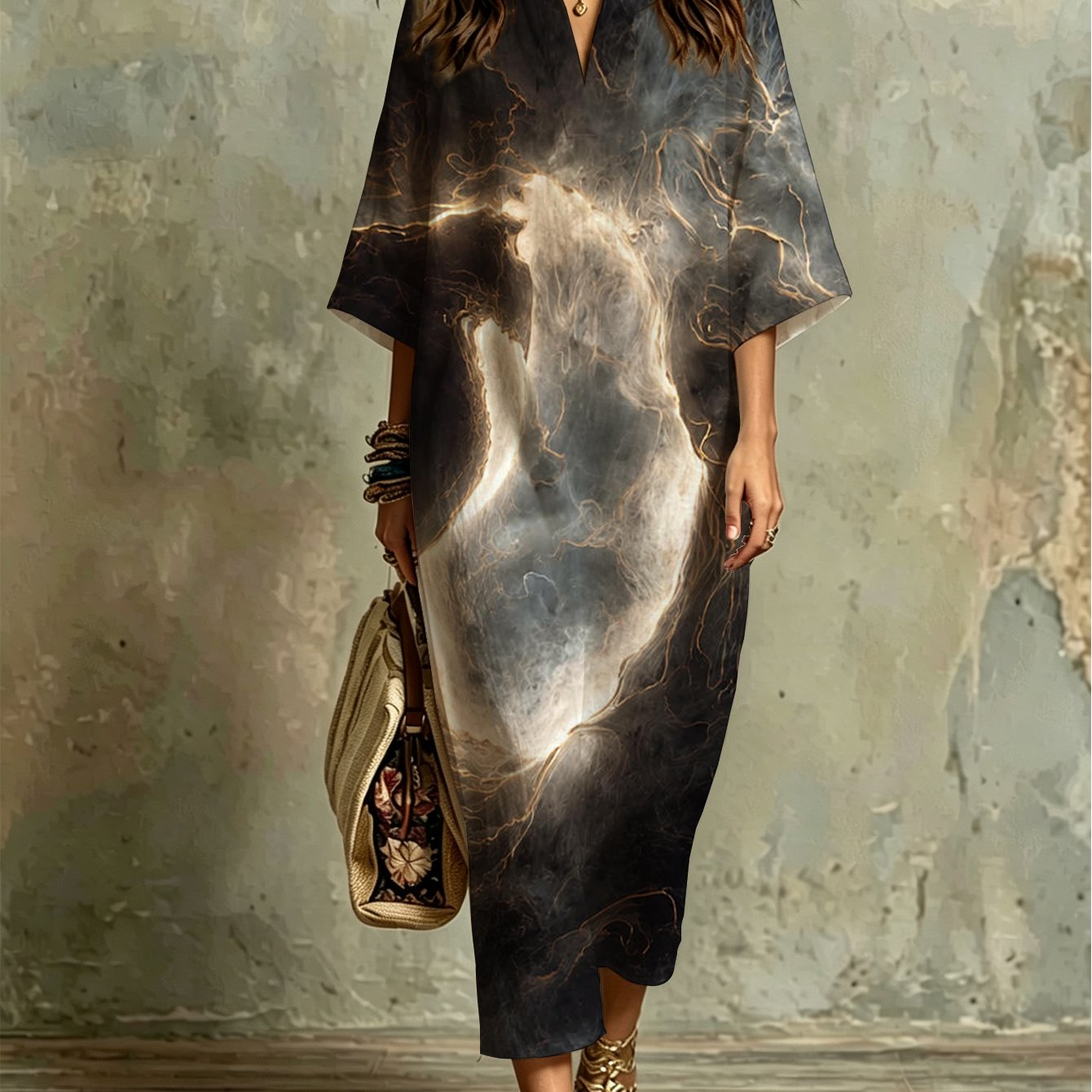 Image of Plus Size - Fashion Women's Kaftan Dress With Abstract Swirl Print, Black And Pattern, Flowy Silhouette, Lightweight, Comfortable, Perfect For Evening Parties, Beach Vacations, Summer Events