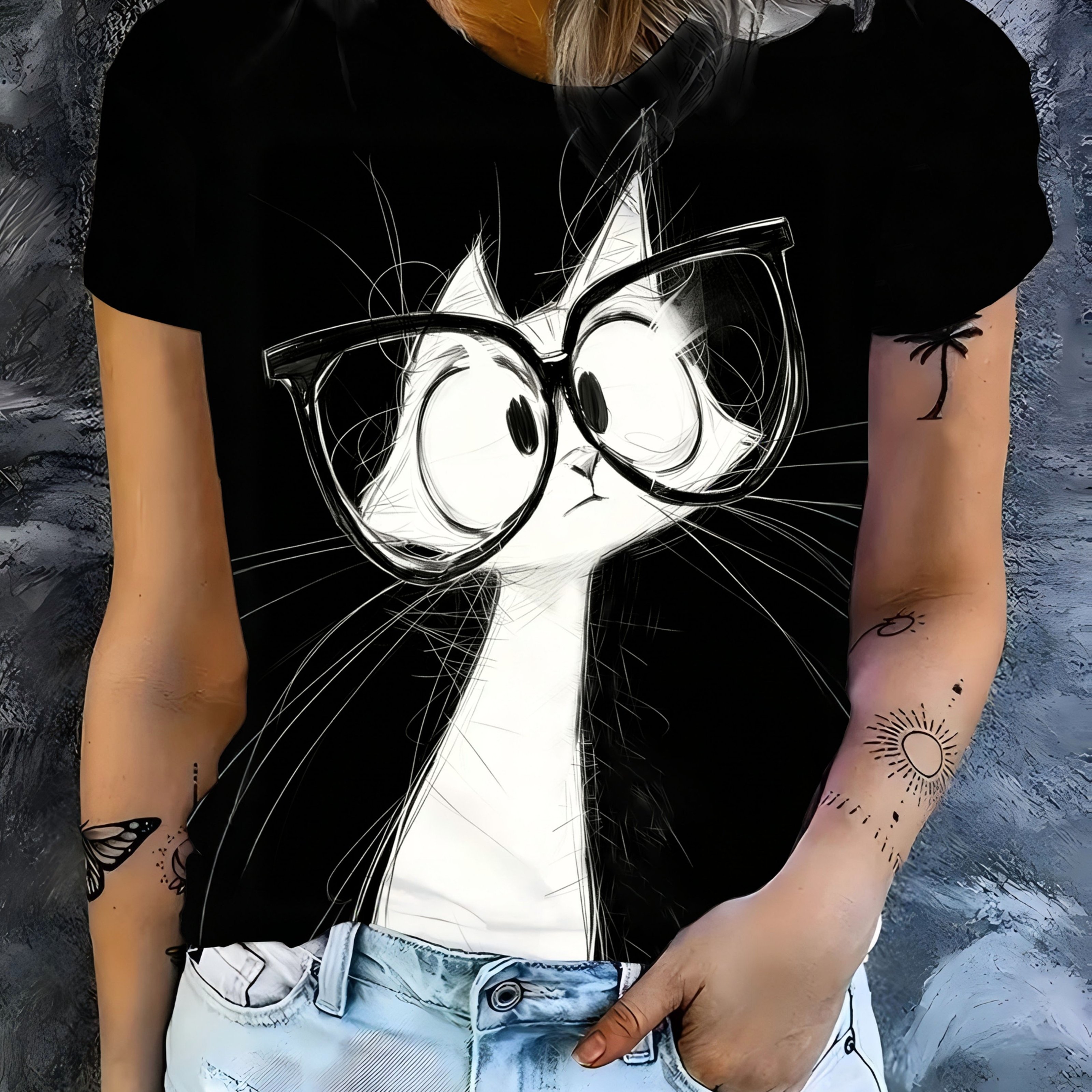 E-shop Neues Sommer Damen Handbemaltes Brillen Katzen Print T-Shirt, Literarische Oversized Katzen Cartoon Kurzarm, Rundhals Locker Lässiges