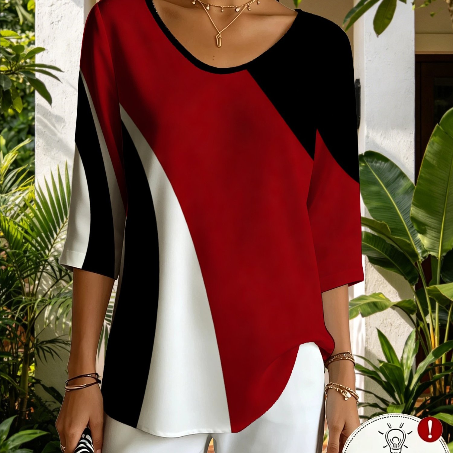 TEMU Women'-quarter Sleeve V-neck Top, Red, Black, And Block Print, Casual Top [printed Design - Not Textured]