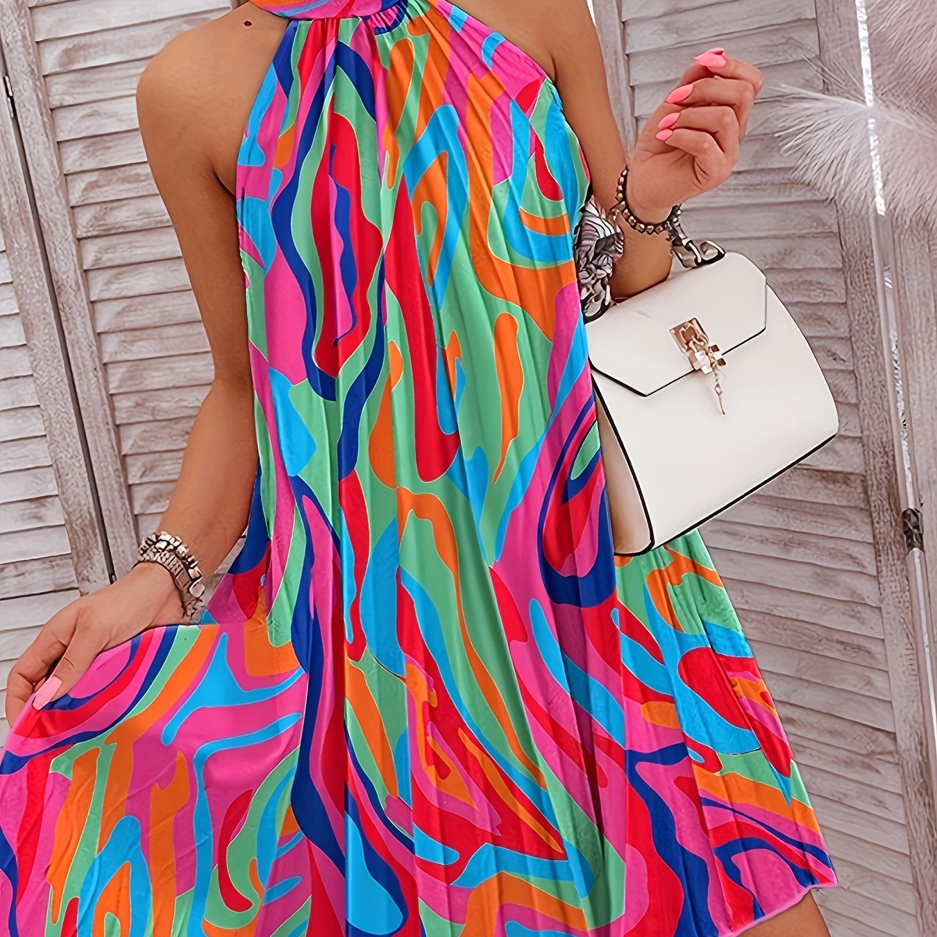 Daerling 2025 European And New Geometric Pattern Print Halter Neck Sleeveless Pleated Off-the-shoulder Dress