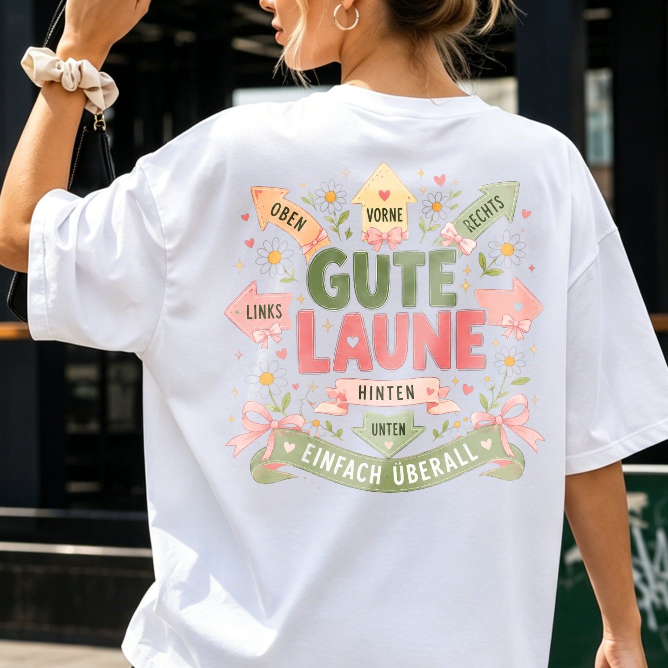Image of T-shirt With Pastel Arrows Hearts Flowers And Easy Everywhere Banner German Women's Back T-shirt
