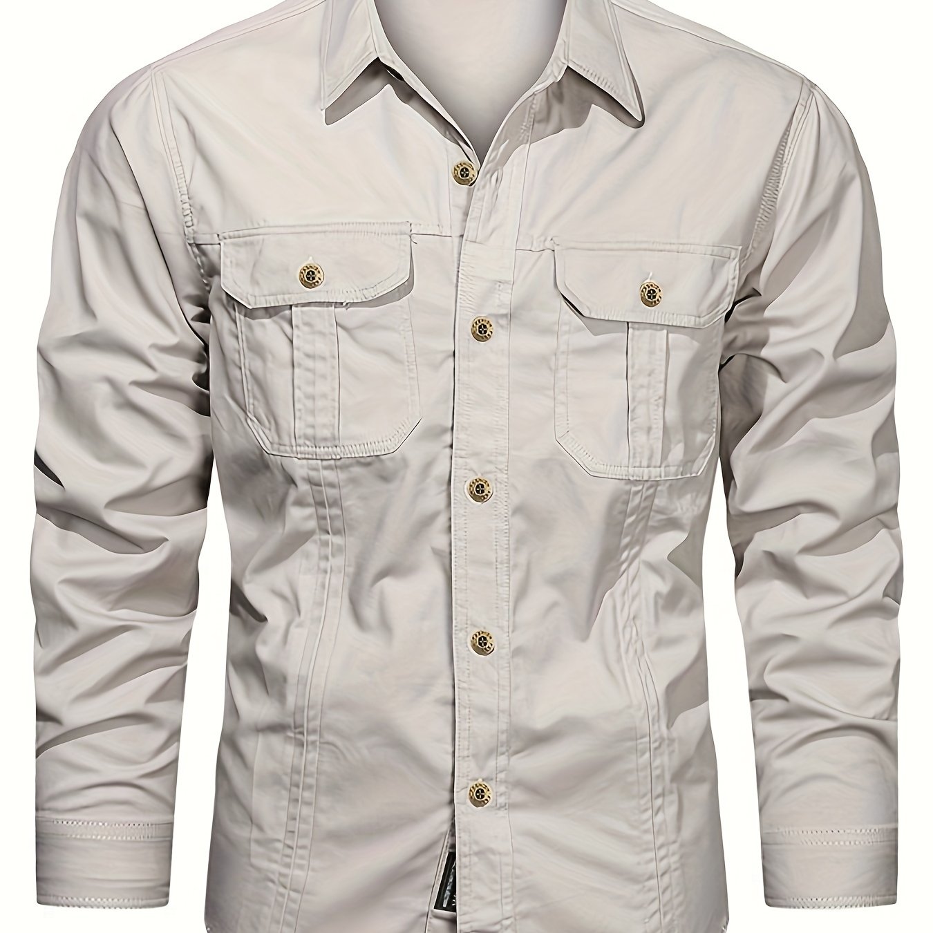 Image of Men' Long Sleeve Cargo Shirts With Chest Pockets, Breathable Shirts For Outdoor Hiking And Working, Spring And Fall, Autumn Menswear