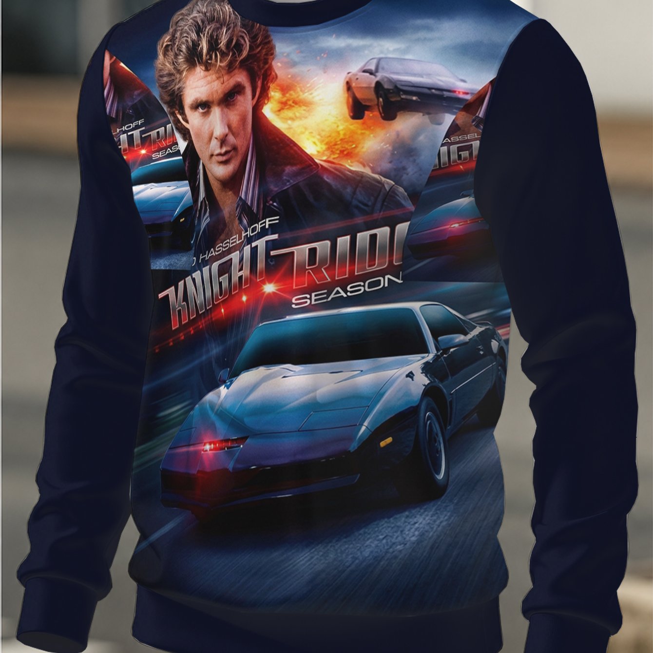 TEMU Men's Fashion Casual Crew Neck Sweatshirt, "knight Rider" Themed Print Long Sleeve Top, Comfortable For Sports And Daily Wear, Plus Size