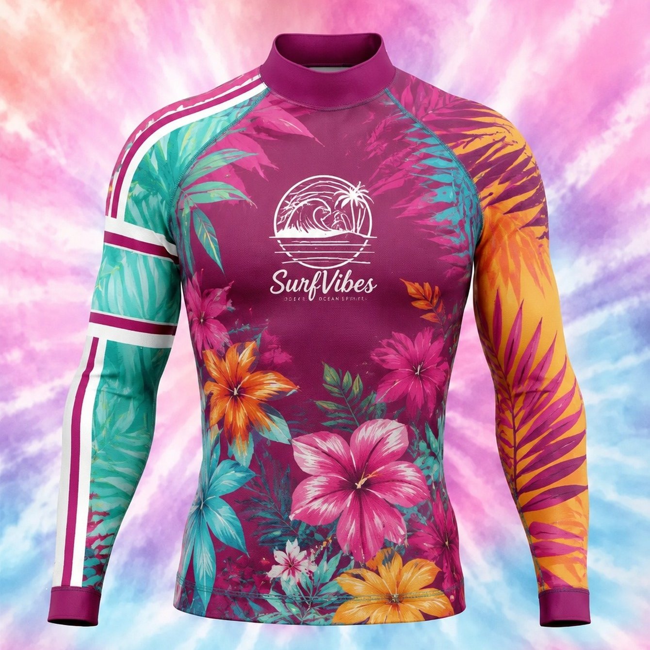 Image of Men's Color- Print Long-sleeve Surf Swimsuit - Breathable And Quick- With Collar, Suitable For Beach Activities, Hiking, Outdoor Fishing, And Swimming, European Style Swimwear