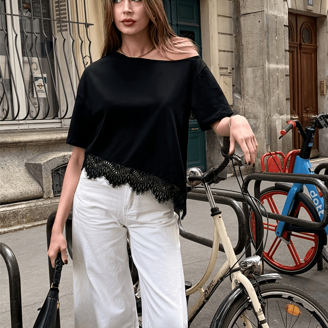 TEMU Women' Color Casual T-shirt, Asymmetrical Hem With Lace AppliquÃ©, Suitable For Daily Wear, Vacation, Beach, And Occasions, Spring/summer Style