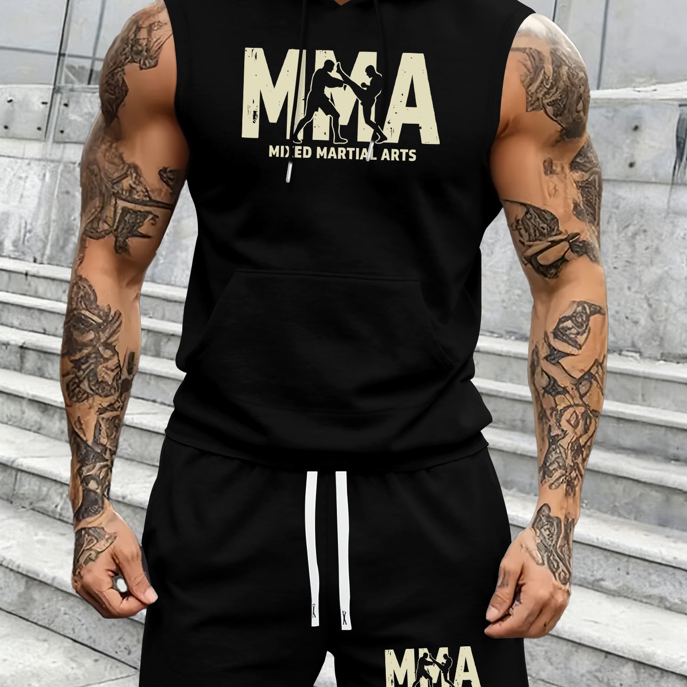 TEMU Hooded Vest Set With Mma Elements, Suitable For Summer Sports, Gym Training, Outdoor Activities, And Casual Wear. Sleeveless Hooded T-shirt Vest