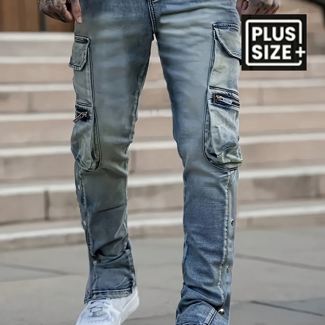 Image of [hme] Plus-size Cargo Street Jeans , Multi-pocket With Zippers, Adjustable Leg Slit Snaps. Vintage Washed Blue, Stretchy& Washable, Ykk Zipper. Trendy Staple., Plus Size