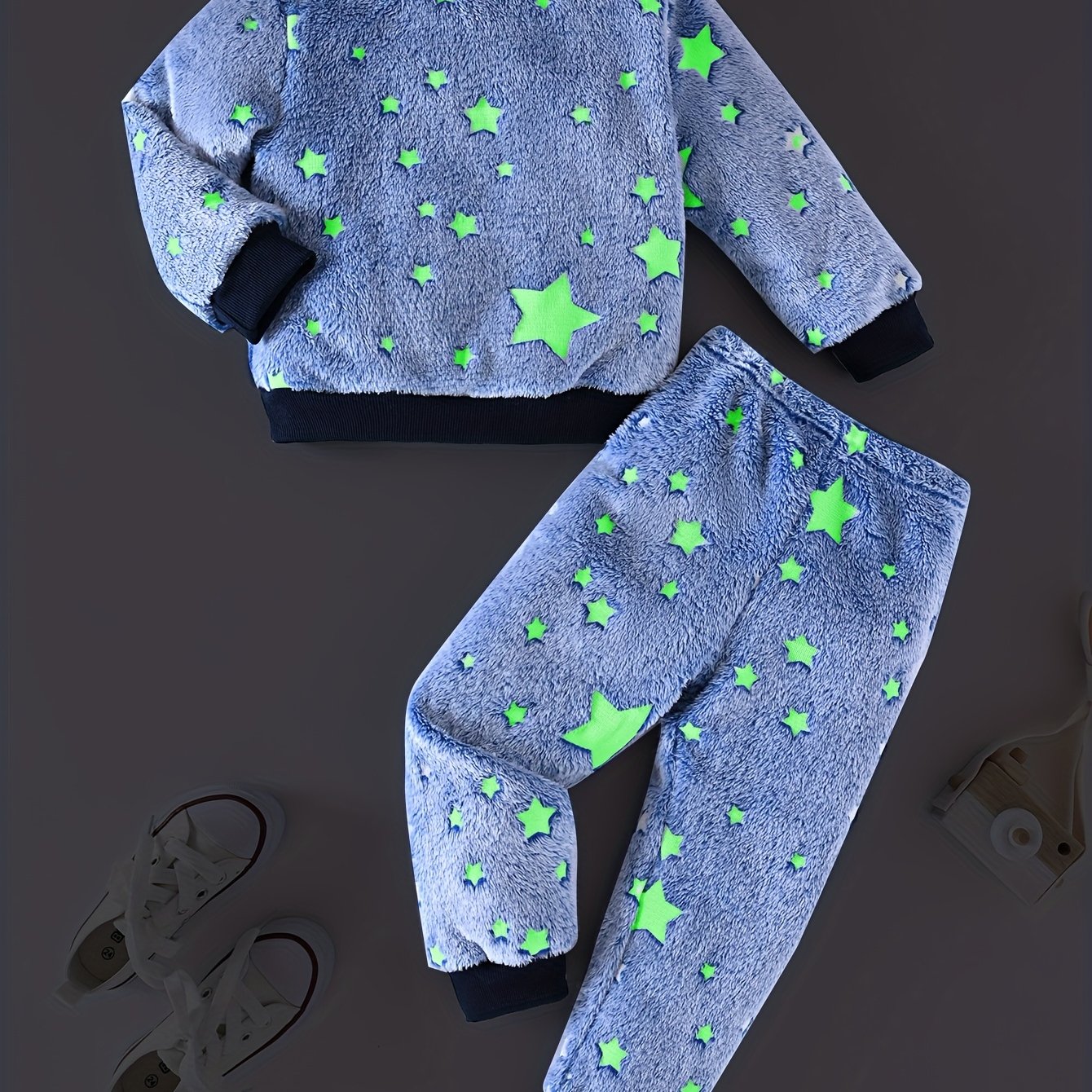 Image of Boys 2pcs Autumn Winter Fluorescent Star Round Neck Fuzzy Pullover And Ribbed Ankle-cinching Fuzzy Long Pants Outerwear Casual Warm Set , For Outdoor
