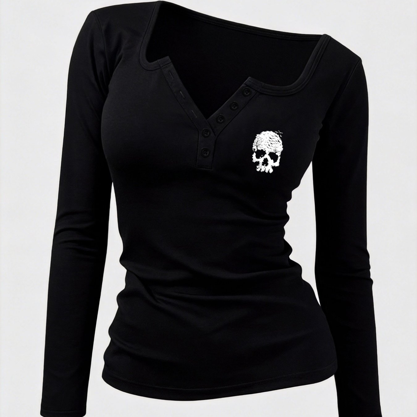TEMU Art Manches Longues avec Motif de Crâne Vêtements d'été pour femmes Style Bouton Design Sexy et Chaud Design Non Col en V Manches Longues pour