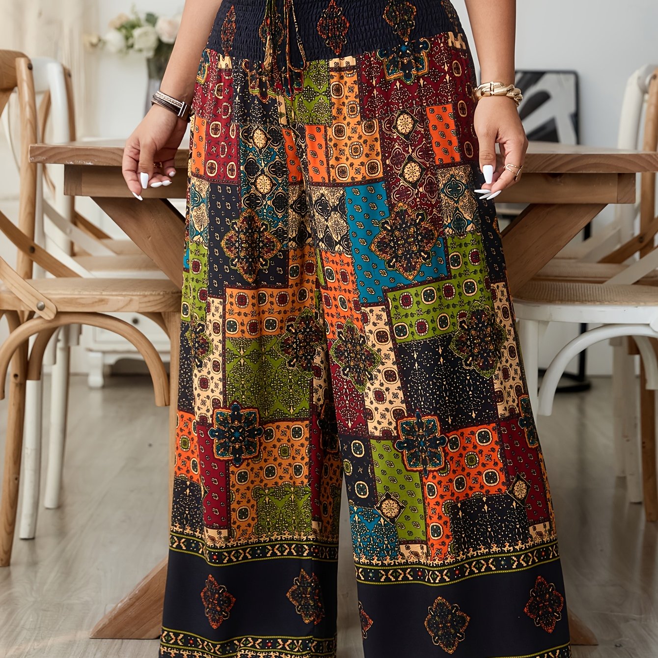 TEMU Plus Size, Plus Size Women's Printed Pleated Waist Drawstring High-waist Wide-leg Pants, Summer Plus Size Pants