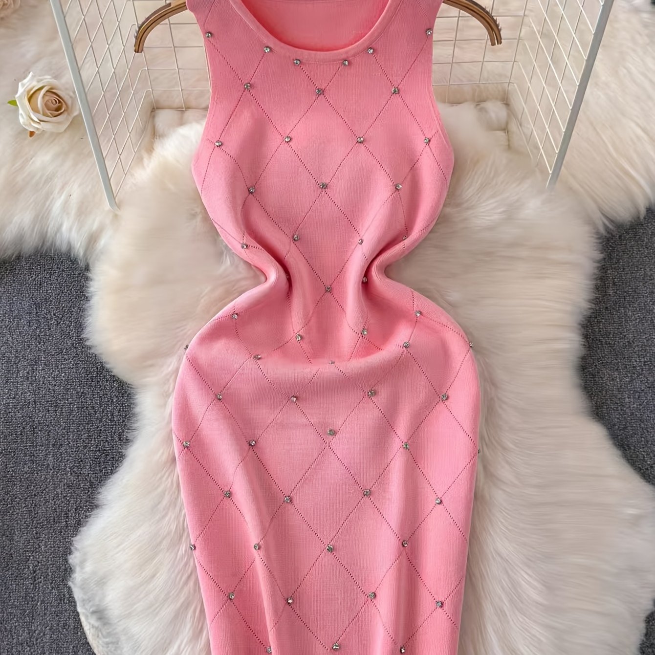 TEMU European And American Spring/summer New Heavy-duty Beading Elegant Slim Fit Hip Wrap Vest Dress