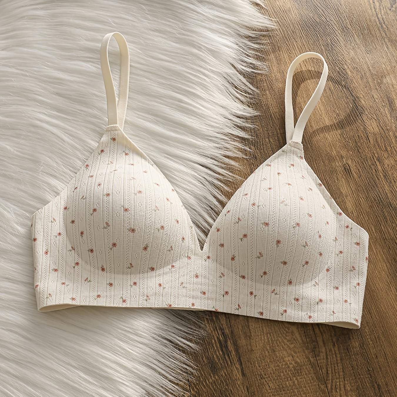 TEMU Women' Cup Ribbed Bra, Adjustable Shoulder Straps, Small Floral Print Comfortable Fashionable Soft, Wireless Seamless Comfortable Easy Bra,