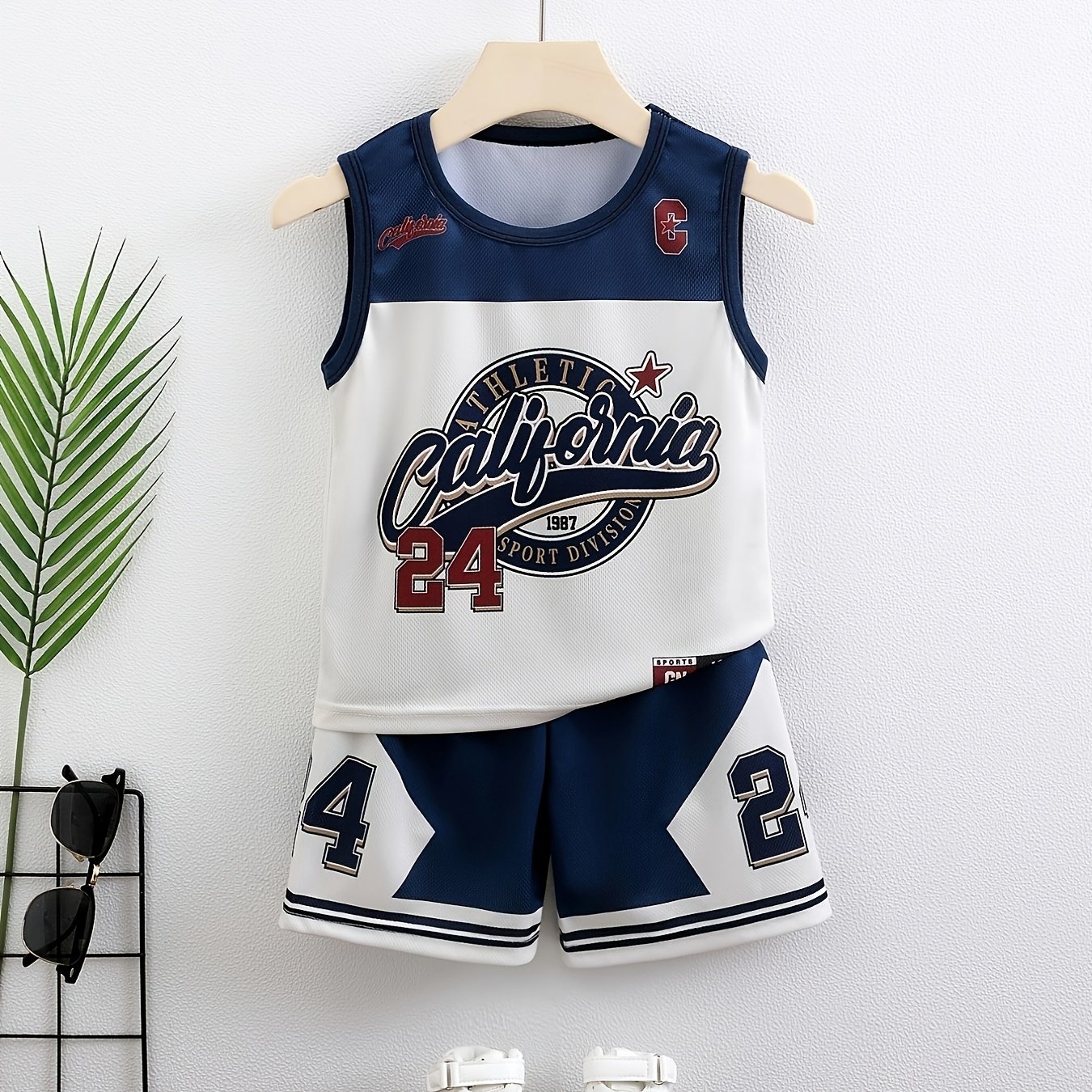 Image of Boys' Summer Sports Set, Sleeveless Tank Top + Shorts, 24-letter Print Design, Quick-dry Fabric, Suitable For Boys' Casual And Athletic Wear, Perfect For Outdoor