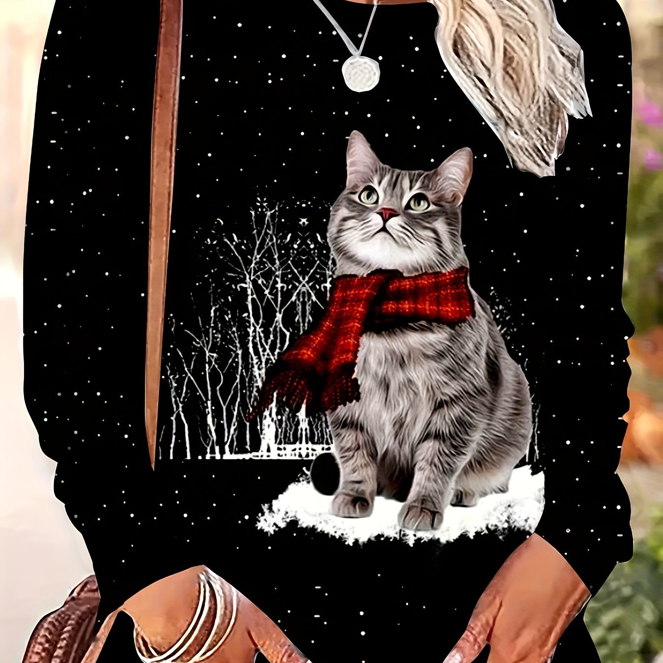 E-shop Weihnachtsmode Print Party Freizeit Top Damen Niedlicher Katzen Print Rundhalsausschnitt Kurzarm T-Shirt