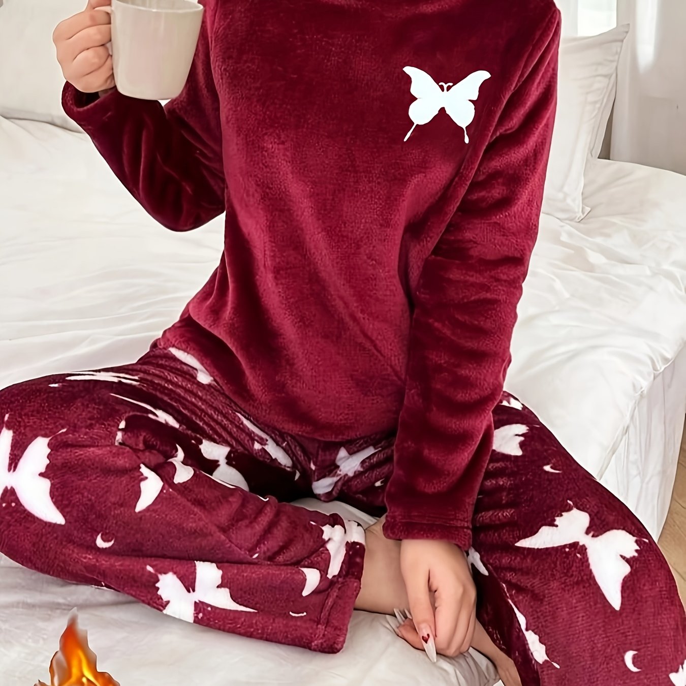 TEMU Winter New Women's Warm Plush Pajama Set, Bow Pattern Dress Set