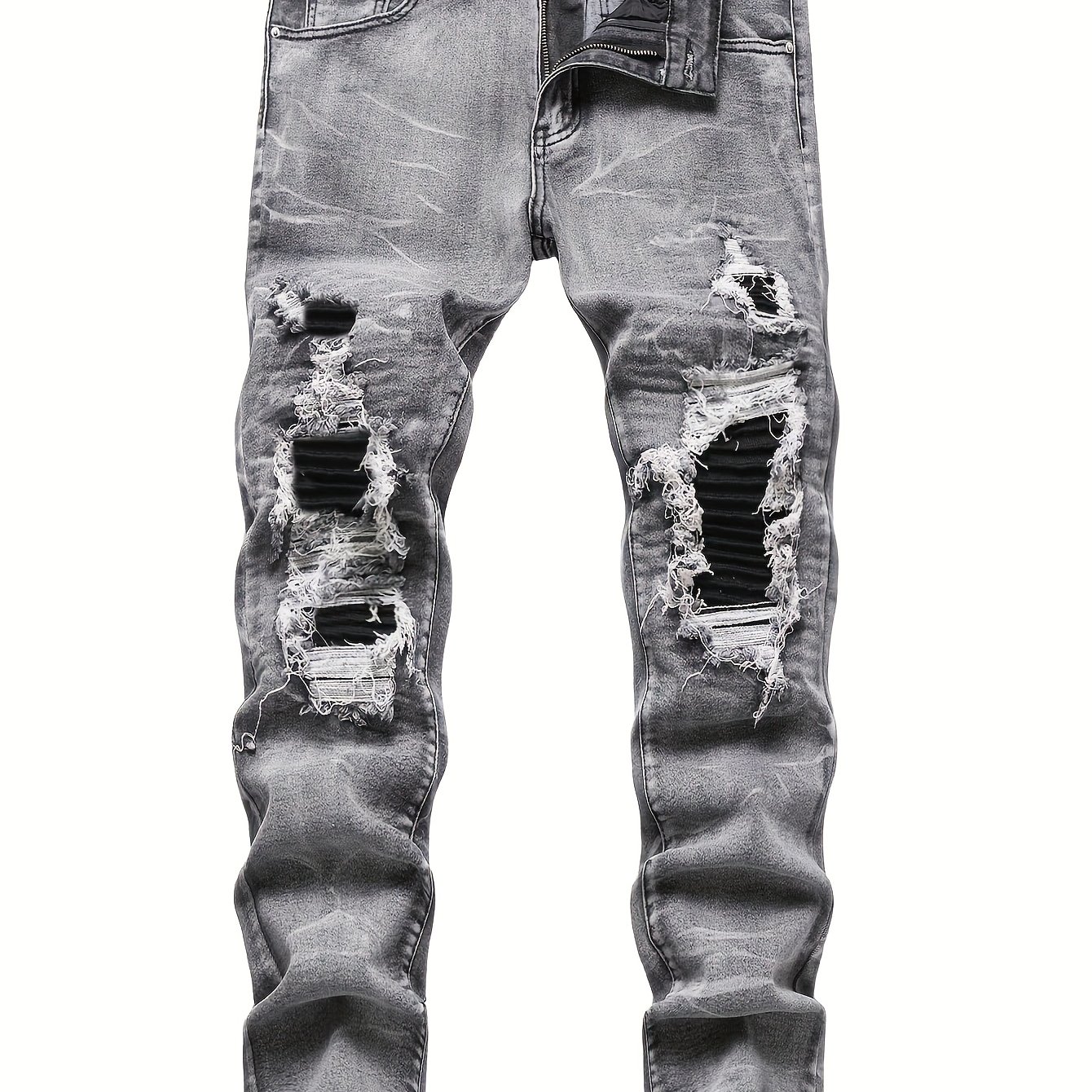 Image of Trendy Men's Slim-fit Denim Pants Featuring Hole- Patches, With Black Patches At The Holes That Enhance The Frayed Edges. Tight-fitting Washed Black And Gray Jeans Embody Retro Style