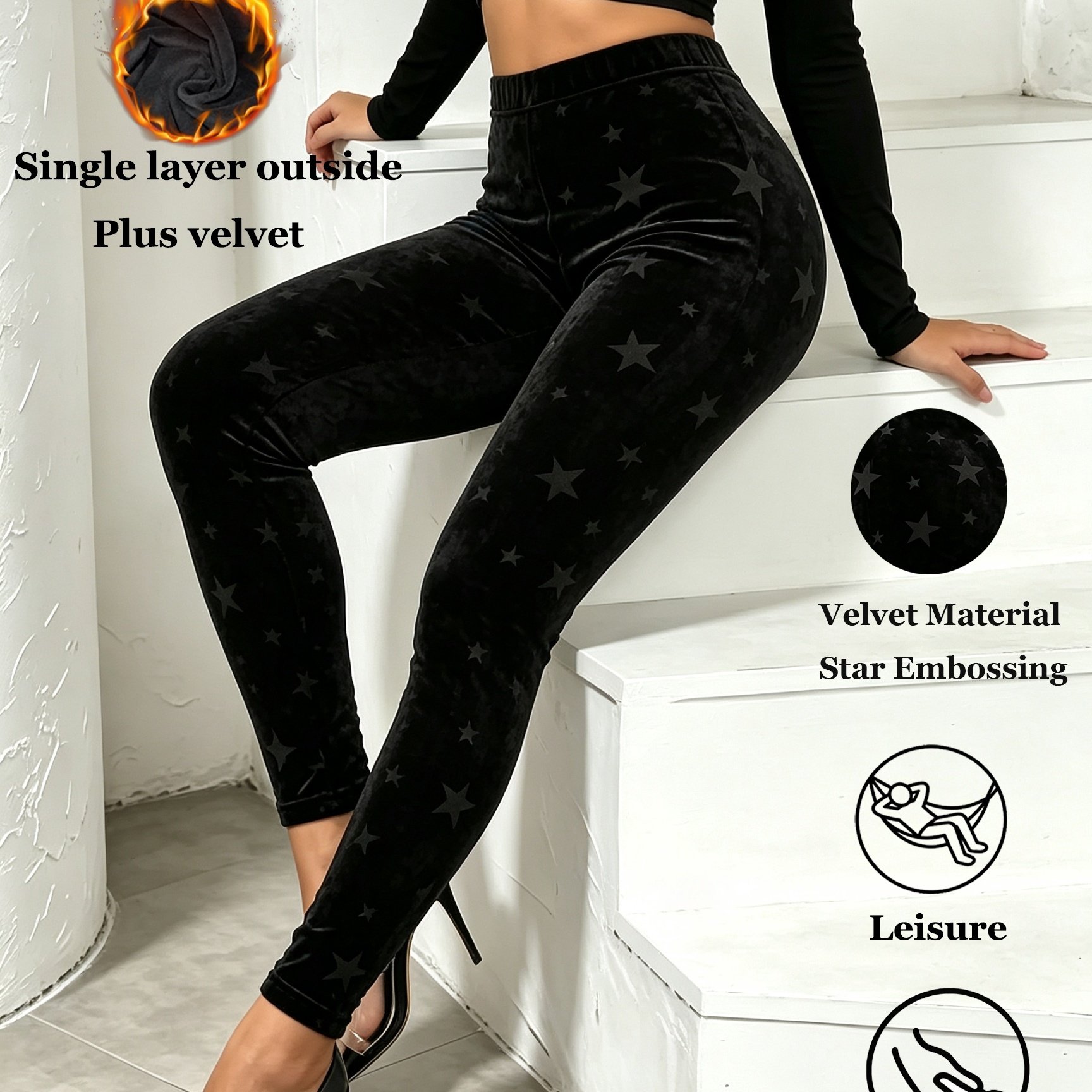 TEMU Women Autumn Winter Velvet Leggings Black Pattern Embossed Pants Single Layer Outer Plus Velvet Thickened Stretch Fabric To Comfortable Fashion
