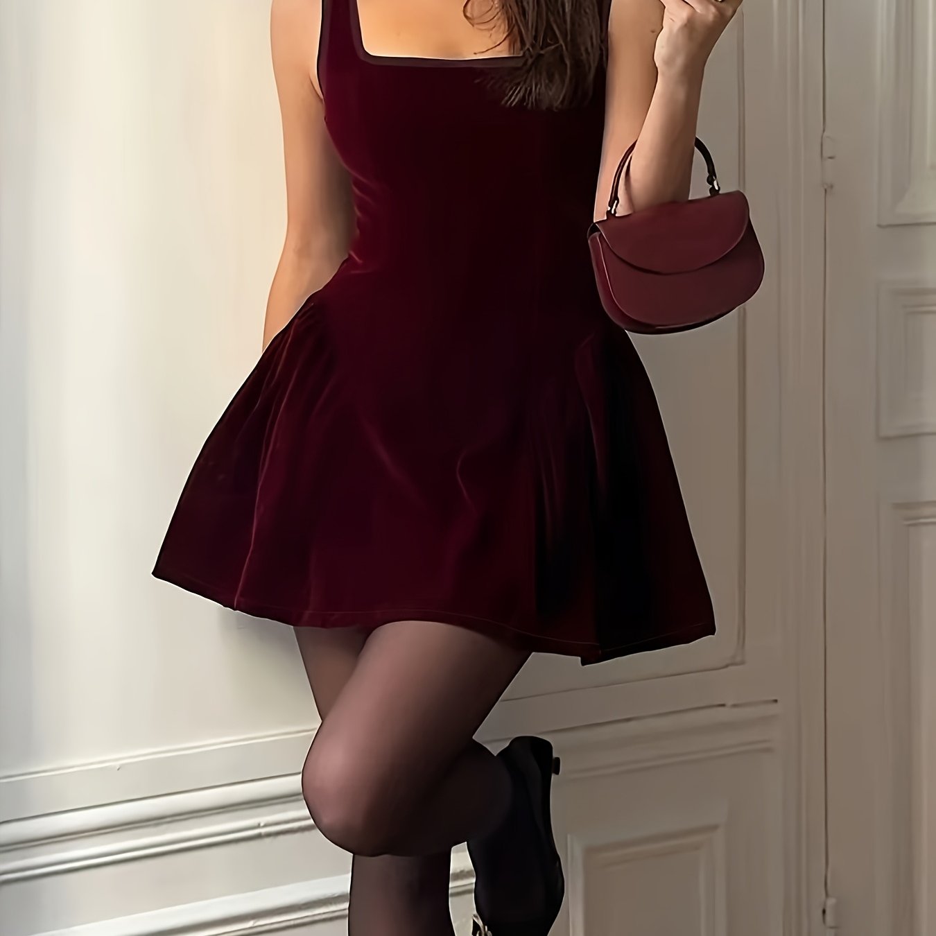 [zj1105045] Women's Dress, Spring New Versatile Fashion Casual Elegant Temperament High-end Design Sense French Temperament Waist-cinching Velvet Skirt, Easter Date Dress, Inner Layer