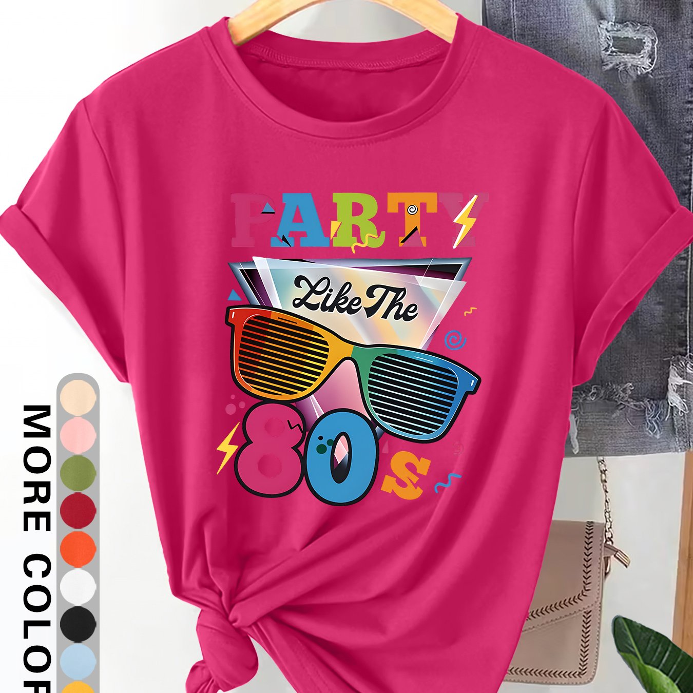 TEMU Women's Elegant Style Plus Size Loose Short Sleeve, 80s Party Glasses Print Round Neck Comfortable Soft Breathable Summer Outfit Short Sleeve