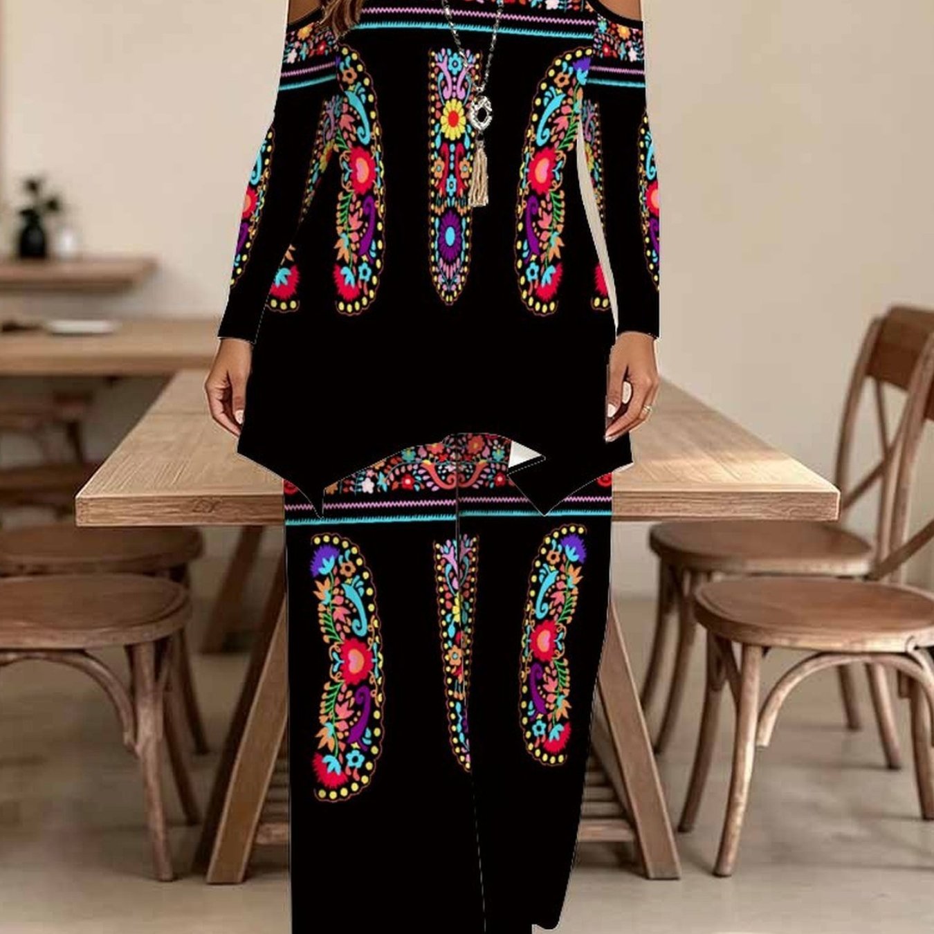 TEMU Conjunto elegante de 2 piezas de talla grande para mujer, blusa de larga con anillo y pantalones de pierna ancha, estampado bohemio floral