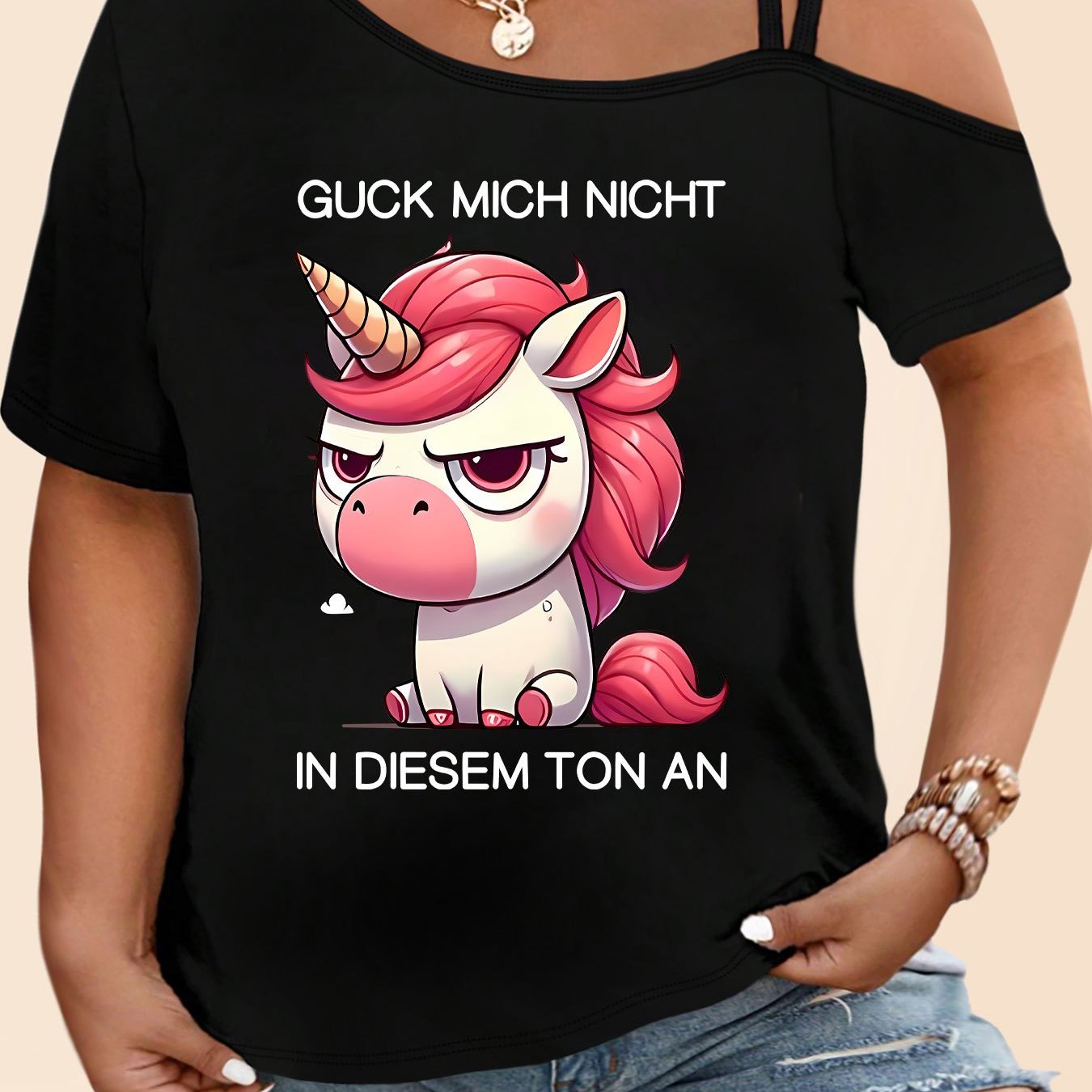 TEMU Plus Size, Women's Funny German Quote & Cute Unicorn Graphic T-shirt - " Mich Nicht In Diesen Ton An" Slogan, Relaxed Fit Asymmetrical