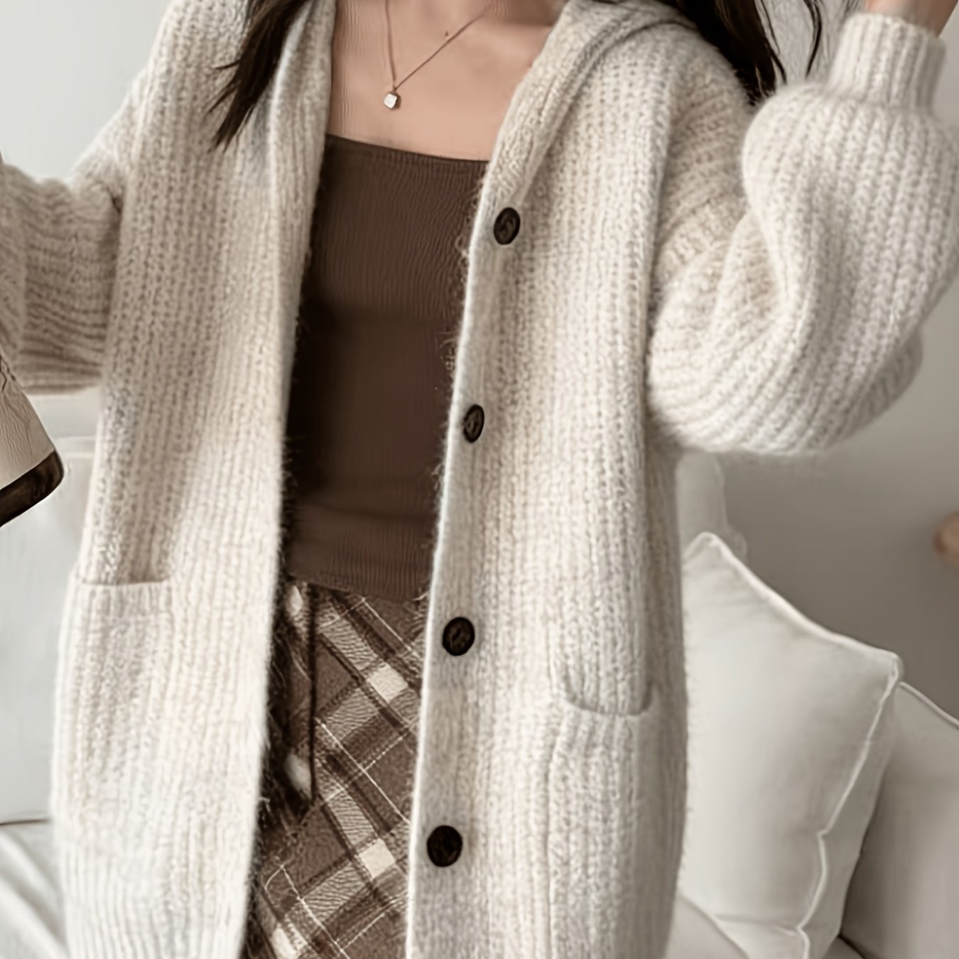 TEMU Loose Oversized Lazy Style Hooded Cardigan Sweater Women's Autumn Winter New Korean Style Easy Versatile Jacket