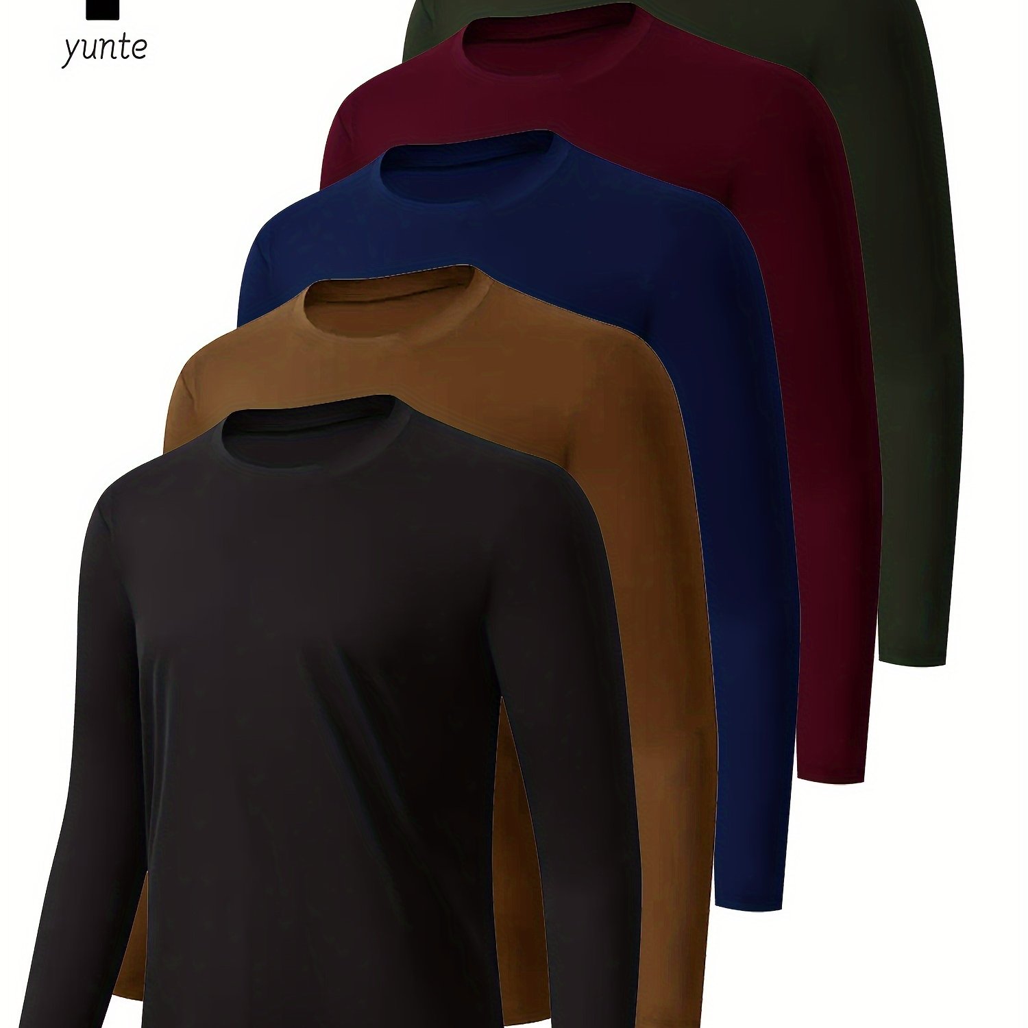 TEMU 5pcs Men's Long Sleeve Crew Neck Shirts In Black, Khaki, Navy, Maroon, And Army Green - Quick-dry Athletic Tops For Fitness, Outdoor Sports, And