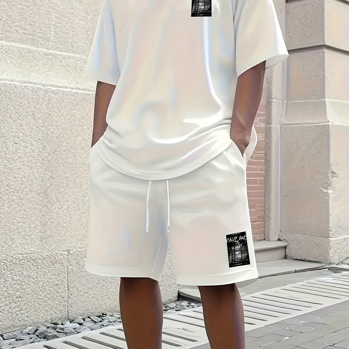 TEMU Men's Crew Neck T-shirt + Drawstring Waist Shorts Set, Suitable For Summer Casual Sports