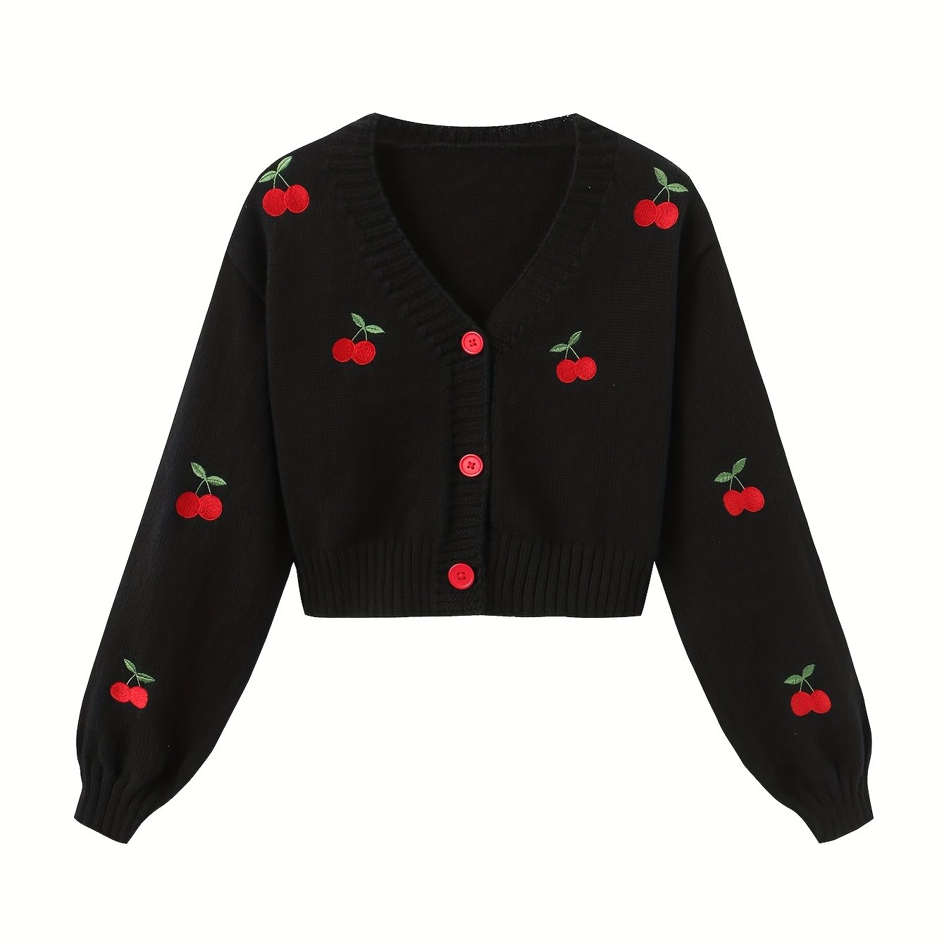 Kawaii Cherry Embroidery Lantern Sleeve Crop Cardigan Long Sleeve Tops