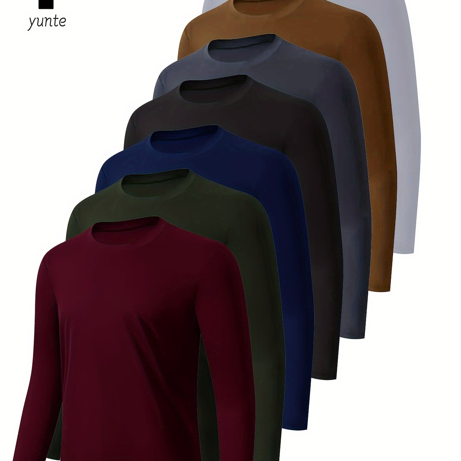 TEMU 7-color 7pcs Set Of Dark Red-army Green-navy Blue-black-gray-khaki-white Men's Athletic Long Sleeve Round Neck Shirts, Quick-, Fitness Athletic