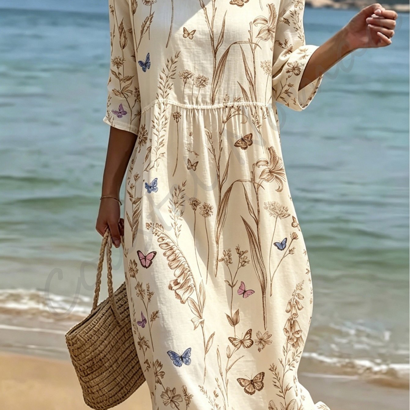 Women's Style Dress, Round Neck And Three-quarter Sleeve Design, Fabric, Combined With Colorful Butterflies And Line Drawing Of Plant Flowers, A Forest-style Pastoral Women's Dress