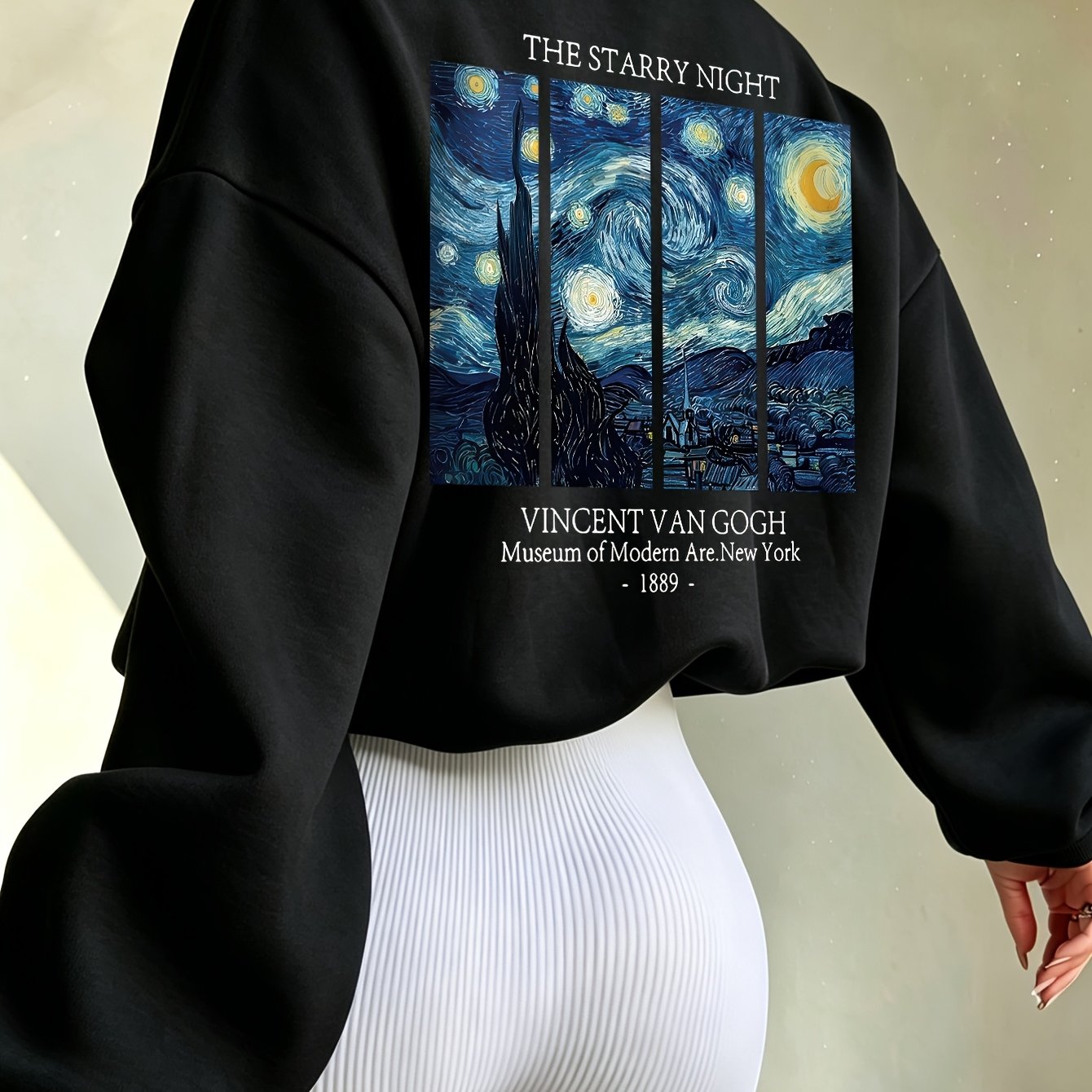 TEMU Autumn/ Crewneck Sweatshirt, Van Gogh "the Starry Night" Split Oil Painting Print, Loose Oversized Streetwear Sweatshirt, Fashionable Outfit For
