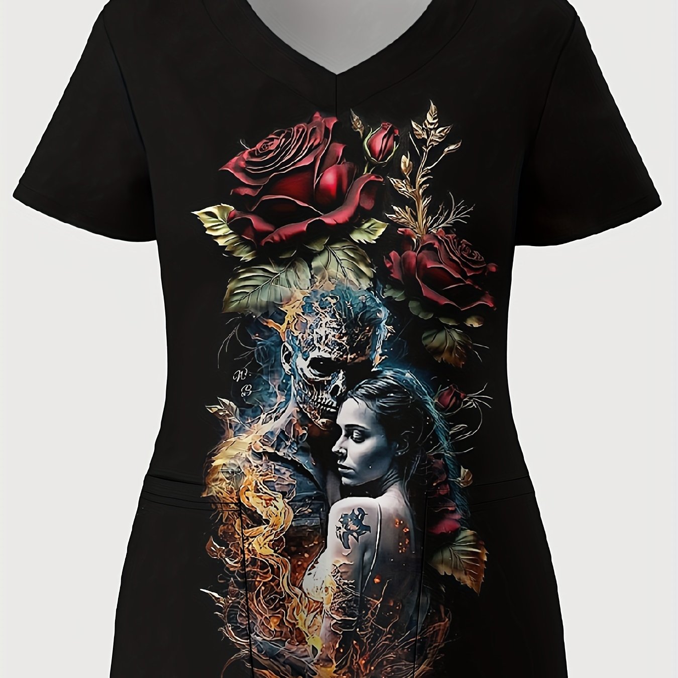 TEMU Plus Size, Skull And Sexy Beauty Print V-neck Women's Nurse Uniform, New Women's Top, Plus Size Pullover T-shirt By