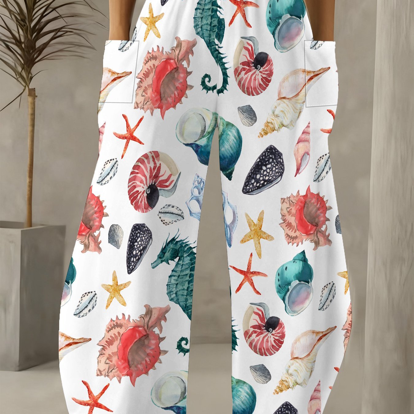 TEMU Plus-size Women's Wide-leg Beach Pants With Shell, Seahorse & Starfish Print - Loose Draping Wide-leg Trousers Suitable For, Ramadan Carnival,