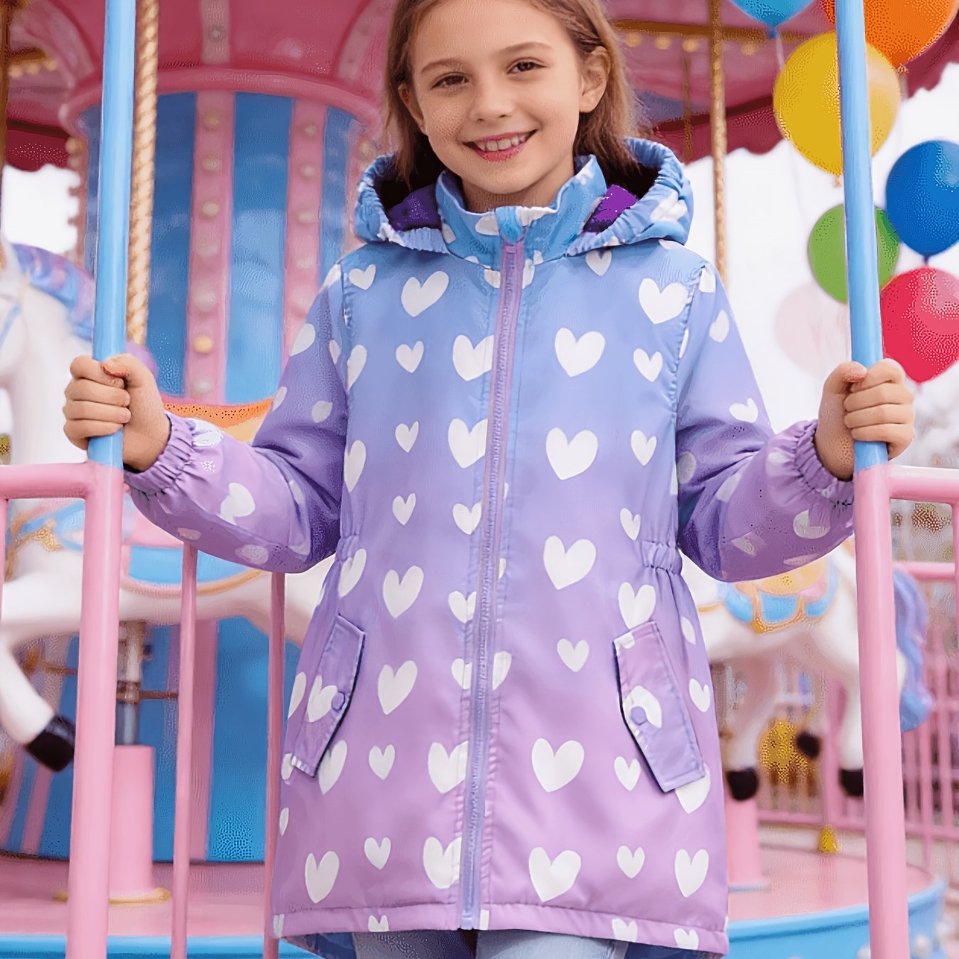 TEMU ファッションプリント 女の子用 ウエスト フロントショート バックロング ミドル丈 ジャケット 裏地付き 柔らかく快適な素材 高保温性 防風 暖かいアウター
