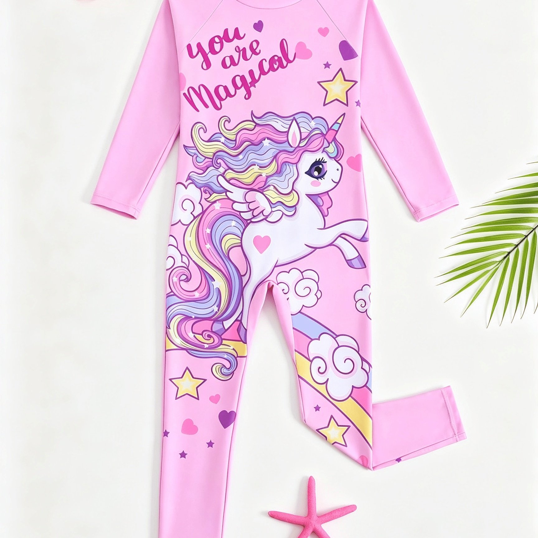 TEMU 1pc And Style For Young Girls, Featuring A Light Pink Unicorn And , Made Of High-stretch Fabric With Long Sleeves And A Form-fitting 1pc Design.