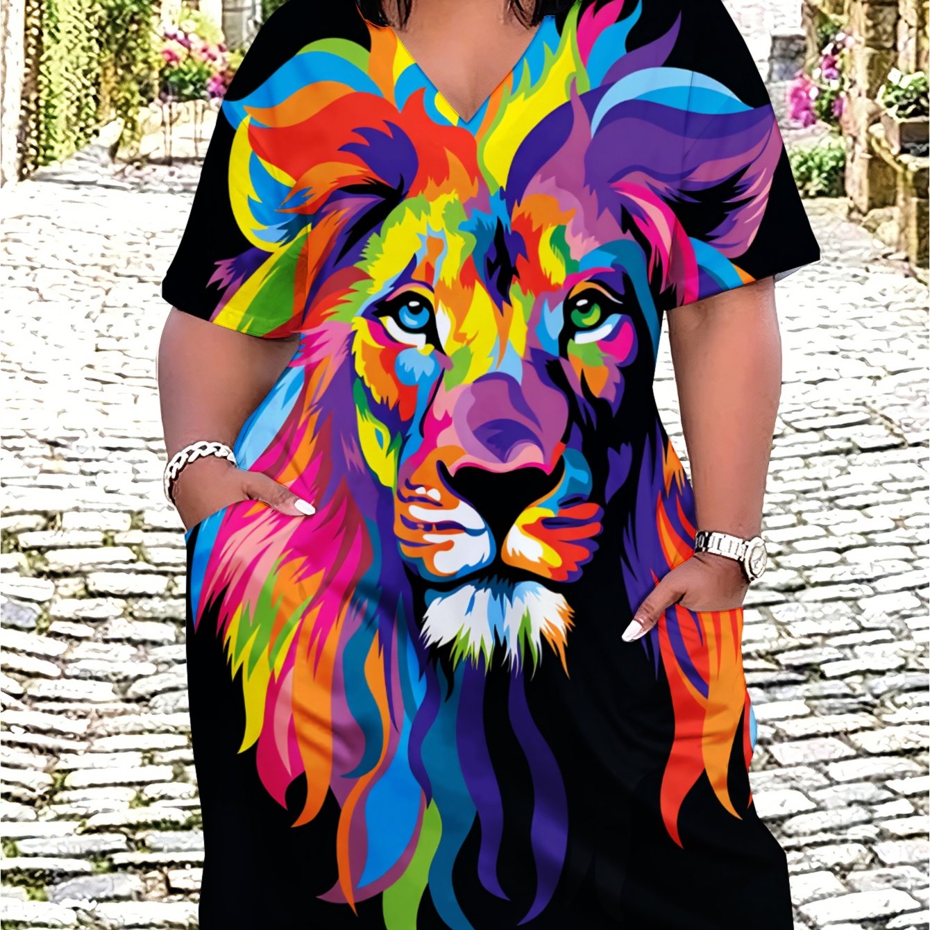 Image of Plus Size - Plus Size - Plus Size Women's Casual Dress Colorful Lion Print Midi Dress Plus-size Friendly V-neck Design Summer Clothing