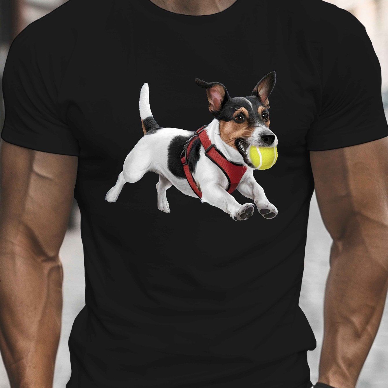 TEMU Men's Plus Size Terrier & Tennis Ball Graphic T-shirt - Terrier Casual Summer Tee With Jrterrier Print, Breathable Round Neck Short Sleeve Shirt