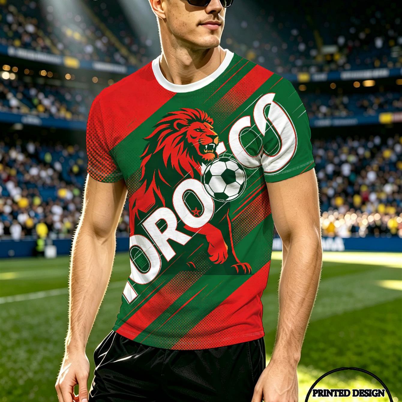 TEMU Men's Moroccan Lion Football T-shirt - & Football Print Short Sleeve Crew Neck Top, Machine Washable Soccer Jersey Suitable For Summer Parties,