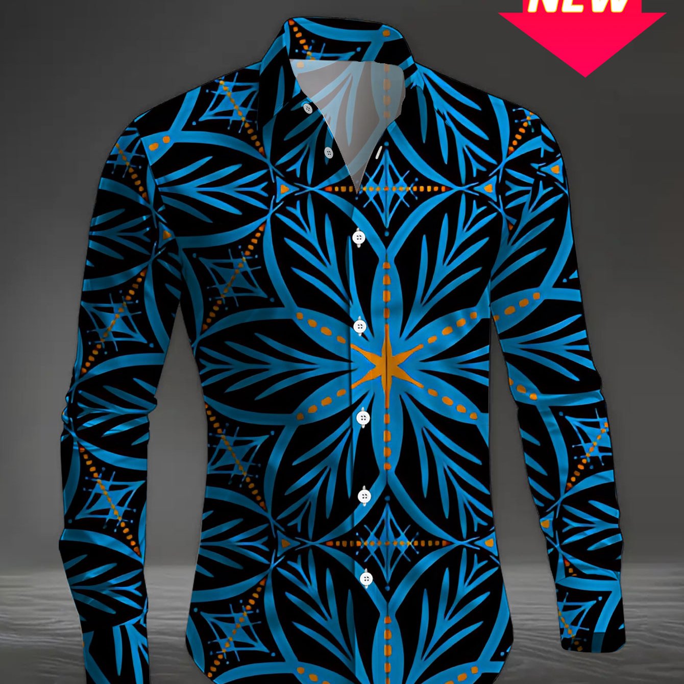 TEMU Plus Size Men's Casual Long Sleeve Printed Shirt With Blue And Yellow Floral Geometric Pattern, Regular Fit Dress Shirt For Work And , Versatile