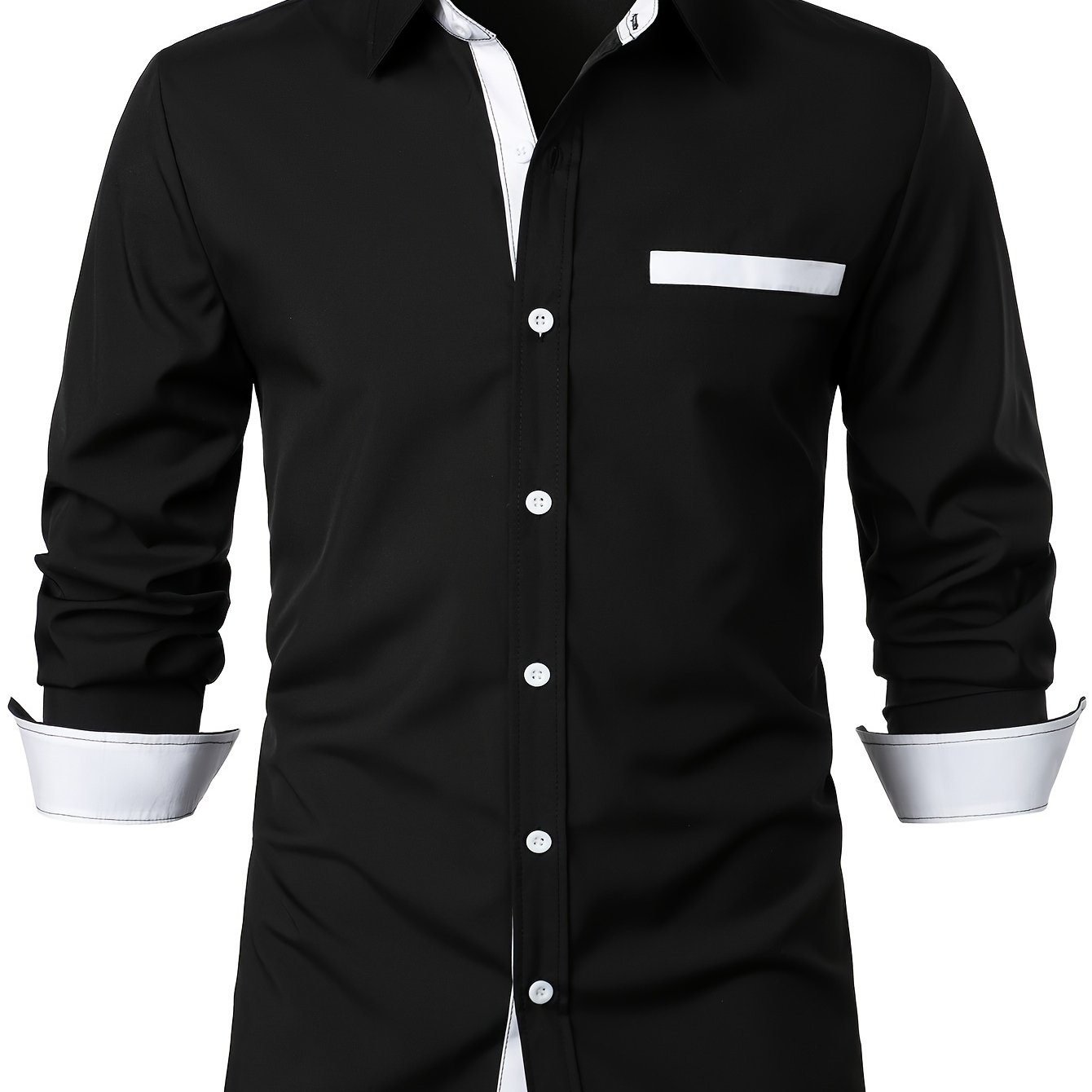 Image of Men's Contrast Casual Business Long Sleeve Shirt, Hidden Decorative Fake Pocket