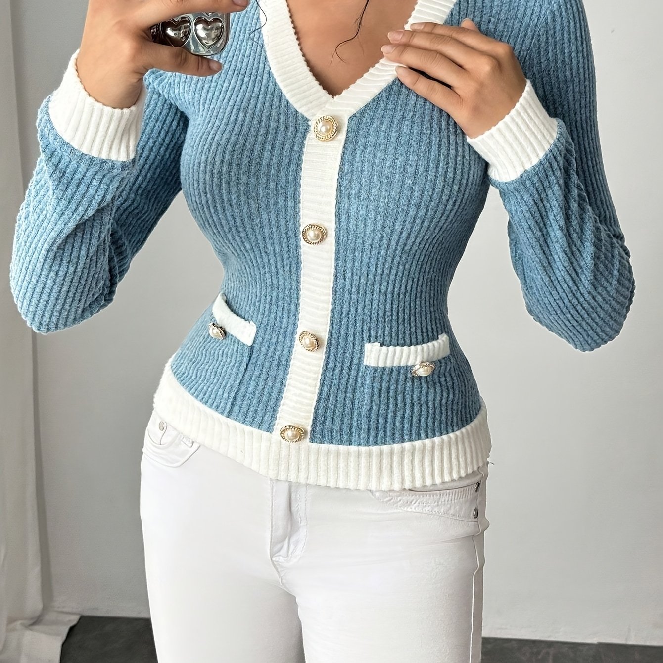 TEMU Elegant Sweater With Pearl Button Accents And V-neck Pullover