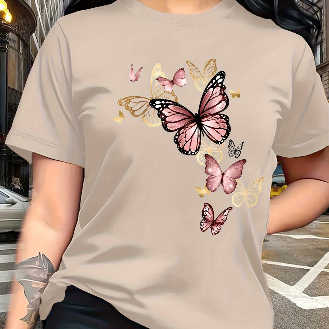 TEMU Watercolor Style Pattern Print, Fashion Breathable T-shirt, Family Travel, Campus, Casual, Daily , Sisters' Matching Outfit, Versatile T-shirt